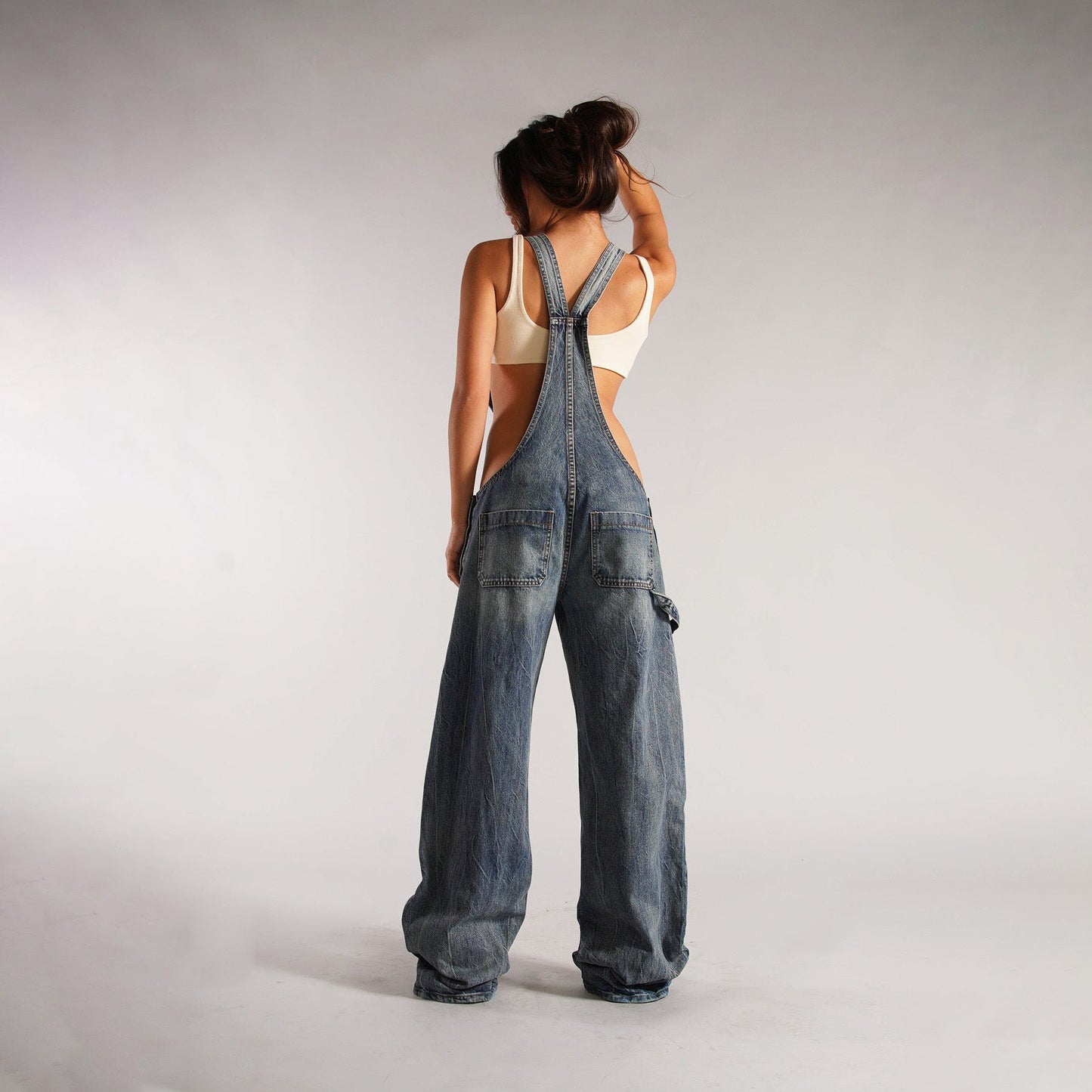 Monos vaqueros para mujer, monos sexys con espalda descubierta Vintage, Pantalones rectos de mezclilla de longitud completa, bolsillos sueltos, desgastados, lavados, informales