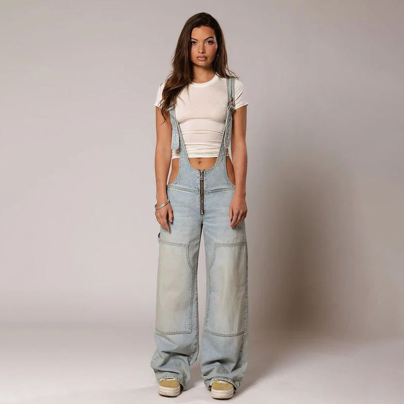Monos vaqueros para mujer, monos sexys con espalda descubierta Vintage, Pantalones rectos de mezclilla de longitud completa, bolsillos sueltos, desgastados, lavados, informales