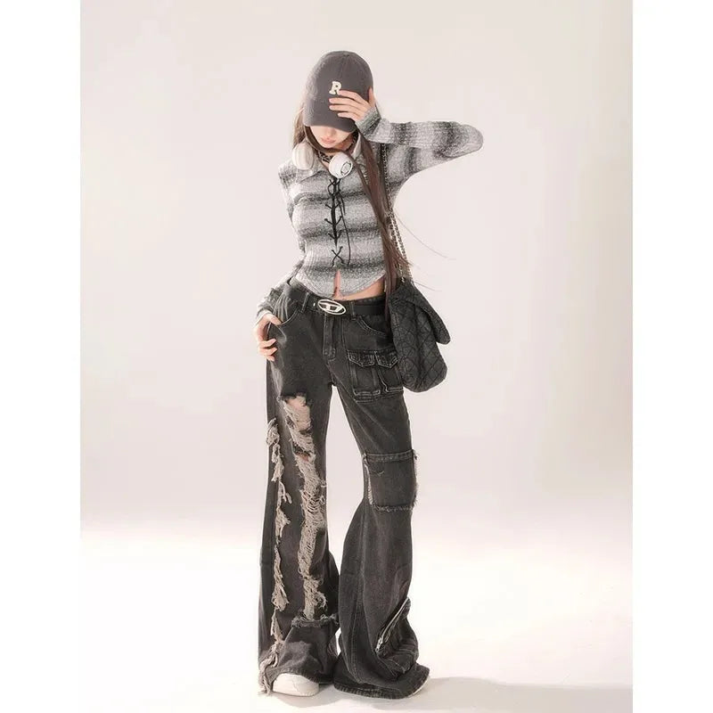 Pantalones vaqueros negros rasgados de cintura alta para mujer estilo Hip-hop moda Vintage ropa de calle Y2K pantalones vaqueros de pierna ancha pantalones vaqueros holgados