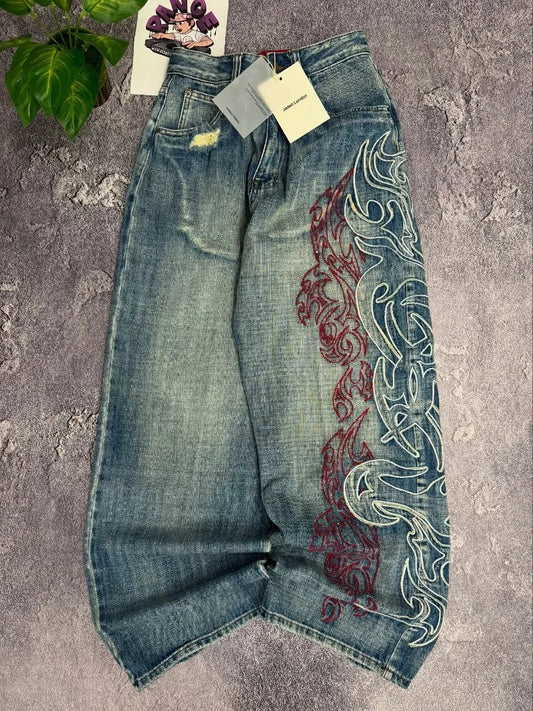 Ropa de calle, nueva moda, diseño grande, pantalones vaqueros holgados bordados para mujer Y2K Rock Hip Hop Retro Popular Casual, pantalones de pierna ancha de cintura alta