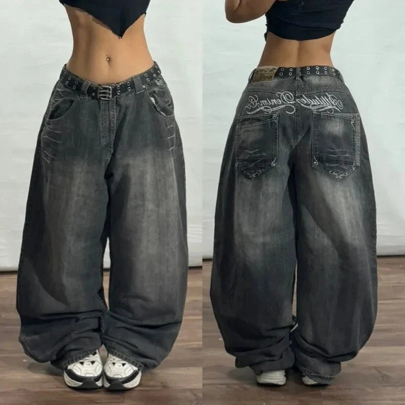 Vaqueros con estampado gótico Retro de Hip Hop americano para mujer Y2K, nueva venta de calle, pantalones de pierna ancha rectos sueltos, pantalones vaqueros Joker Unisex