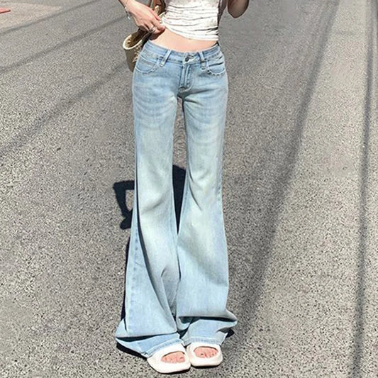 Ropa de calle femenina, pantalones vaqueros Retro de cintura baja, pantalones finos a la moda con parte inferior acampanada, pantalones vaqueros holgados coreanos para mujer