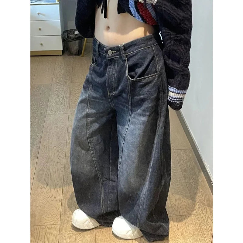 Pantalones vaqueros negros para mujer, cintura alta, diseño Vintage, Hip Hop, rectos, holgados, estilo callejero Y2K, pantalones vaqueros de pierna ancha de estilo americano