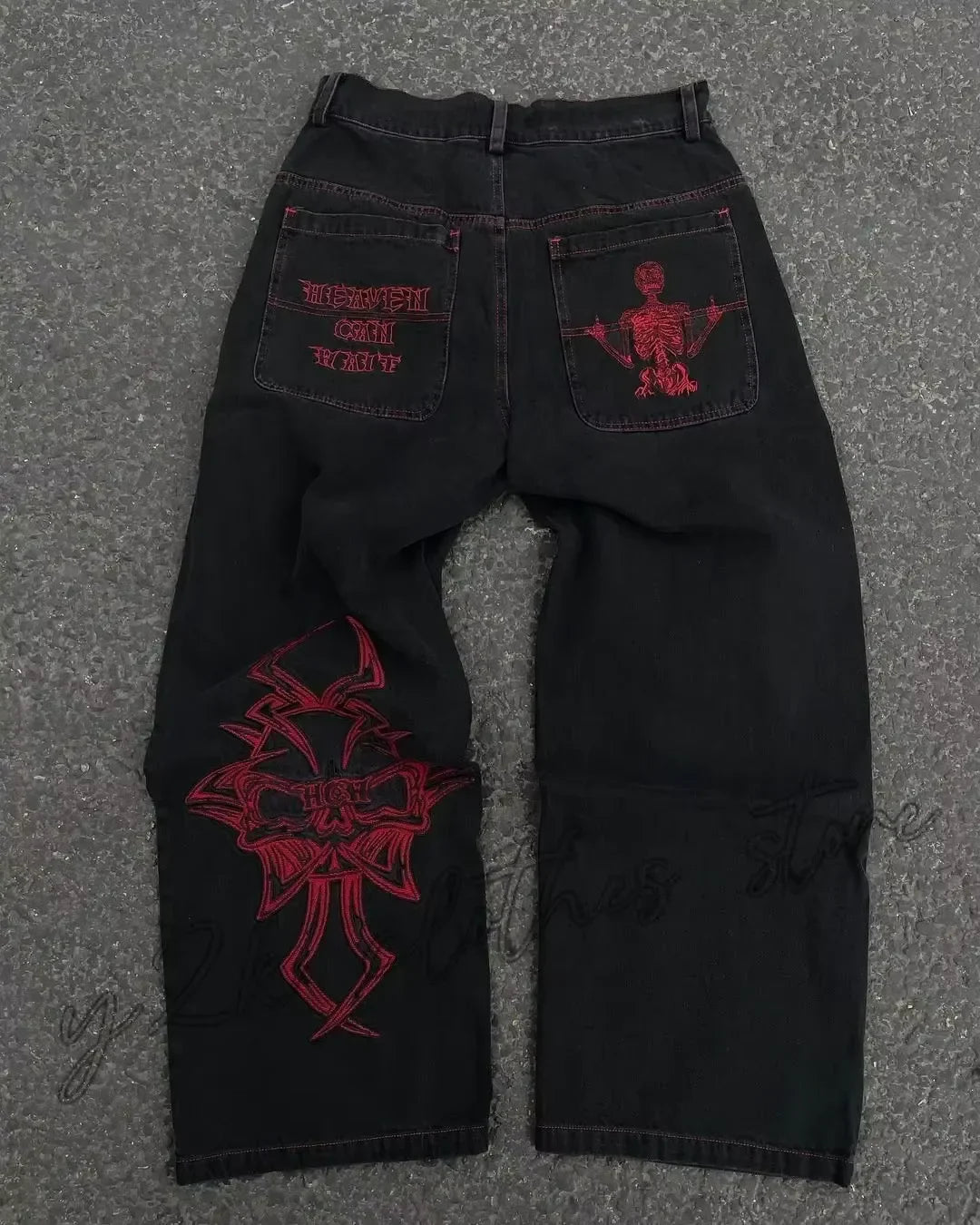 Vaqueros Vintage Y2K para hombre y mujer, ropa gótica de Hip Hop con bolsillo bordado, Vaqueros holgados Retro Azul, pantalones acampanados ajustados de cintura alta