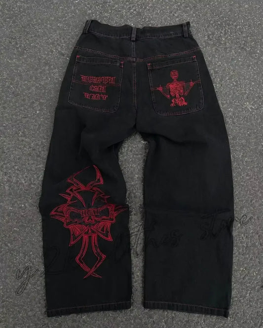 Vaqueros Vintage Y2K para hombre y mujer, ropa gótica de Hip Hop con bolsillo bordado, Vaqueros holgados Retro Azul, pantalones acampanados ajustados de cintura alta