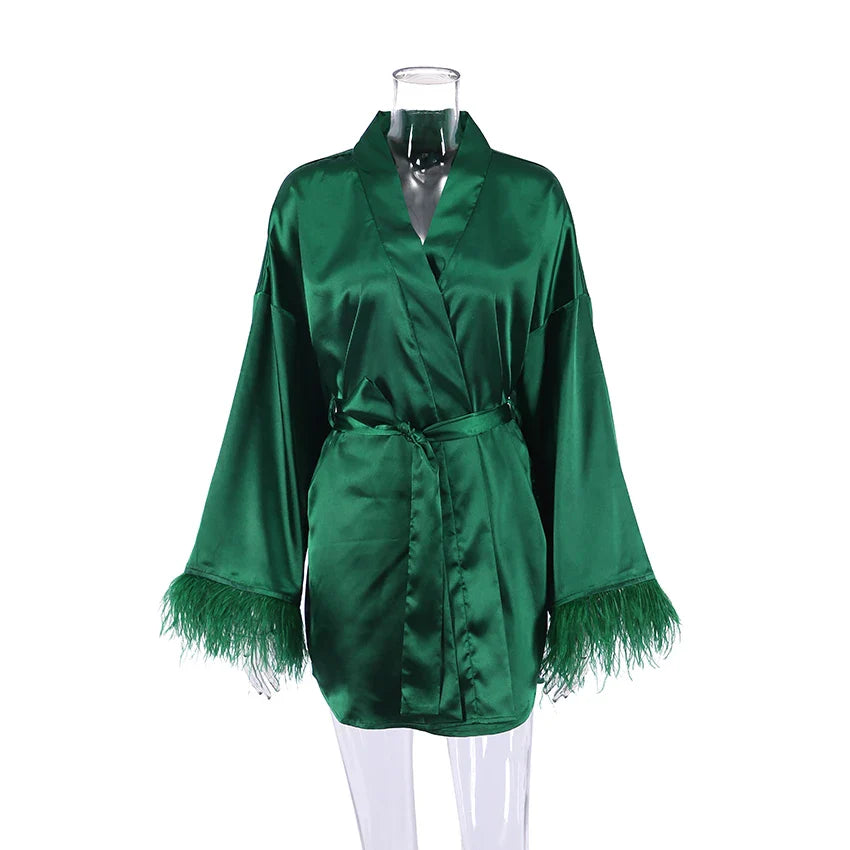 Albornoces de plumas de satén, minivestido Sexy de manga larga, batas holgadas para mujer, bata blanca, vestido de novia, vestidos de novia negros