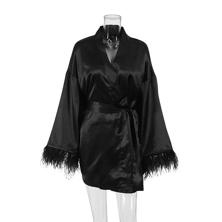 Albornoces de plumas de satén, minivestido Sexy de manga larga, batas holgadas para mujer, bata blanca, vestido de novia, vestidos de novia negros