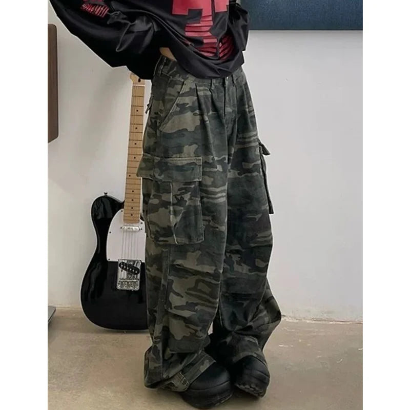 Pantalones vaqueros verdes militares para mujer, pantalones vaqueros holgados rectos Vintage de cintura alta Y2K, pantalones vaqueros de pierna ancha a la moda americana de Hip Hop