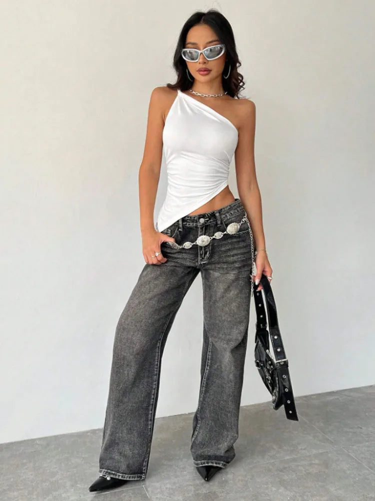 2025 nueva camiseta informal de moda para mujer Color sólido un solo hombro asimétrico ajustado Top cuello de una sola pieza