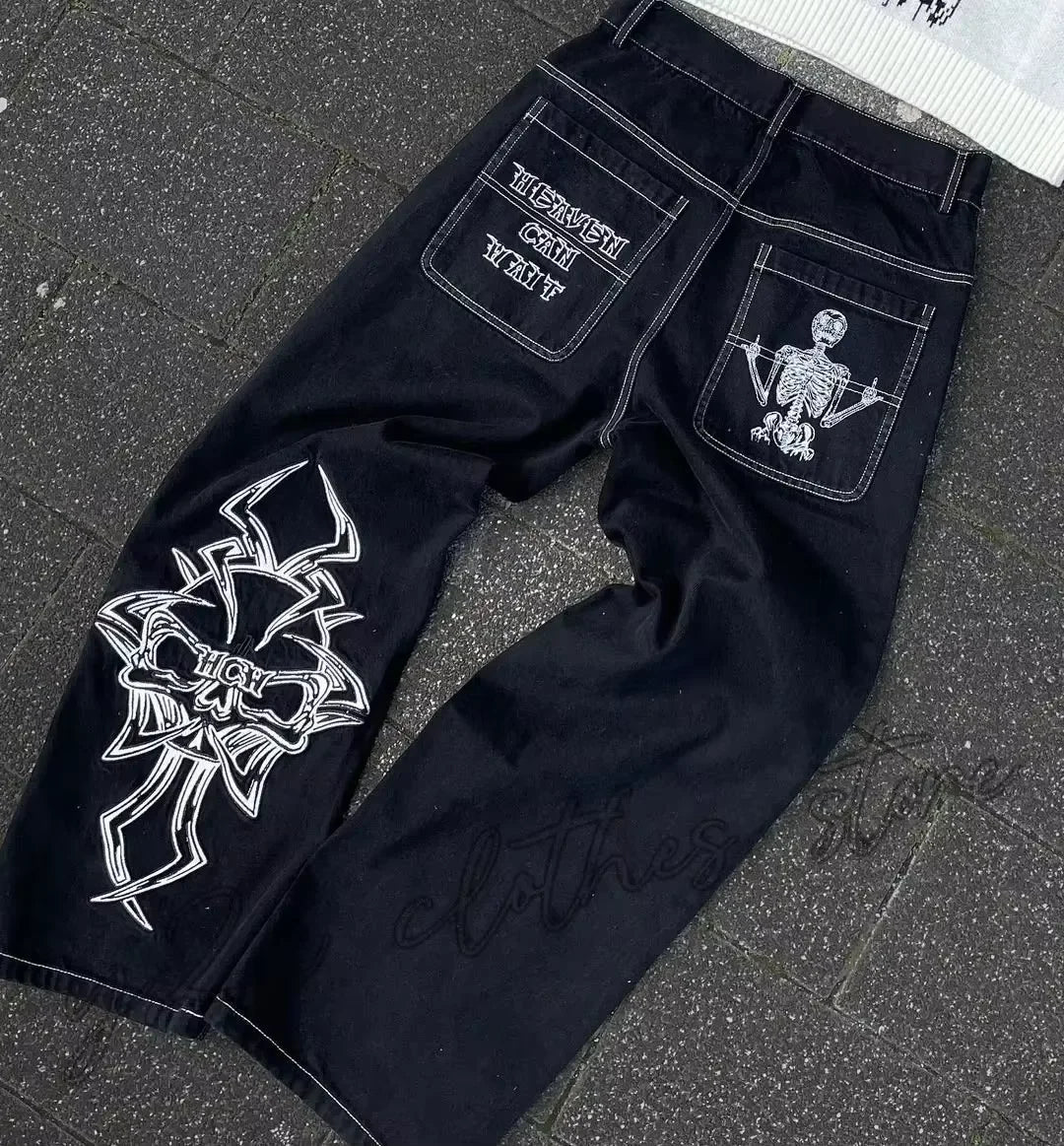 Vaqueros Vintage Y2K para hombre y mujer, ropa gótica de Hip Hop con bolsillo bordado, Vaqueros holgados Retro Azul, pantalones acampanados ajustados de cintura alta