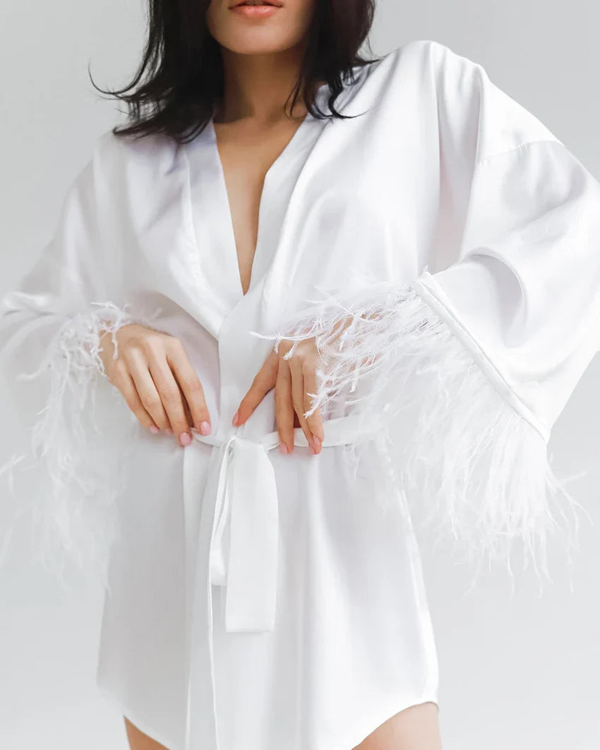 Albornoces de plumas de satén, minivestido Sexy de manga larga, batas holgadas para mujer, bata blanca, vestido de novia, vestidos de novia negros