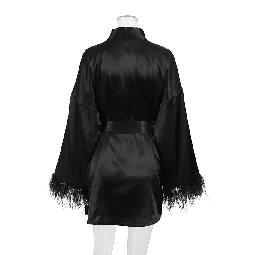 Albornoces de plumas de satén, minivestido Sexy de manga larga, batas holgadas para mujer, bata blanca, vestido de novia, vestidos de novia negros