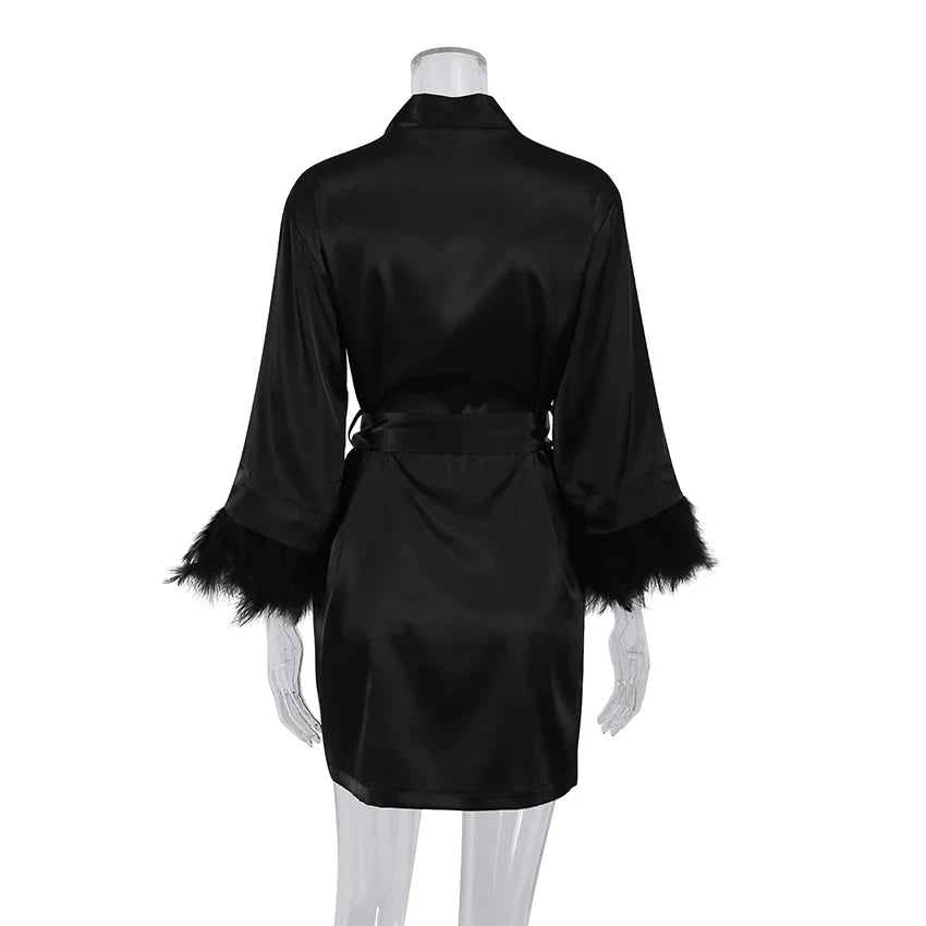Albornoces de plumas de satén, minivestido Sexy de manga larga, batas holgadas para mujer, bata blanca, vestido de novia, vestidos de novia negros