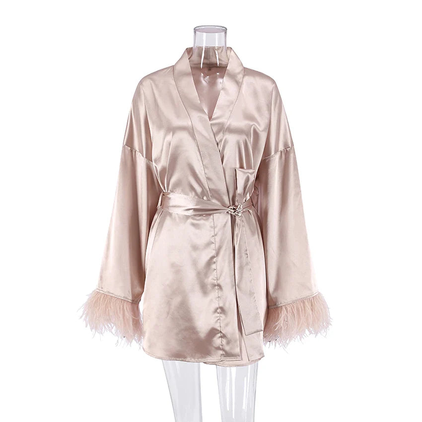 Albornoces de plumas de satén, minivestido Sexy de manga larga, batas holgadas para mujer, bata blanca, vestido de novia, vestidos de novia negros