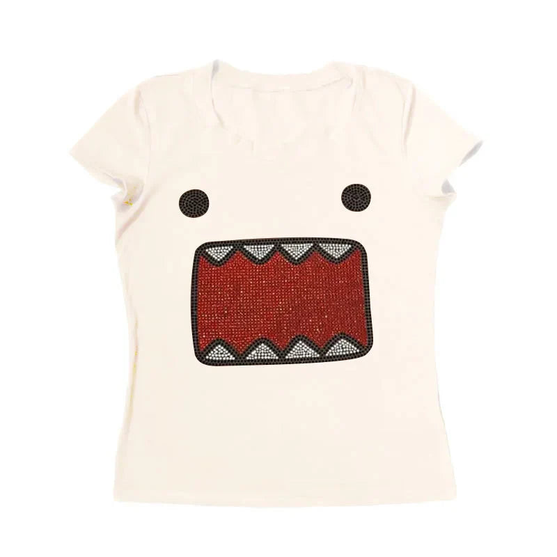 2025 verano nuevas mujeres Y2K chica Retro Hot Fix aplicación de diamantes de imitación cuello redondo Top camiseta divertida Vintage Tama Jun Top