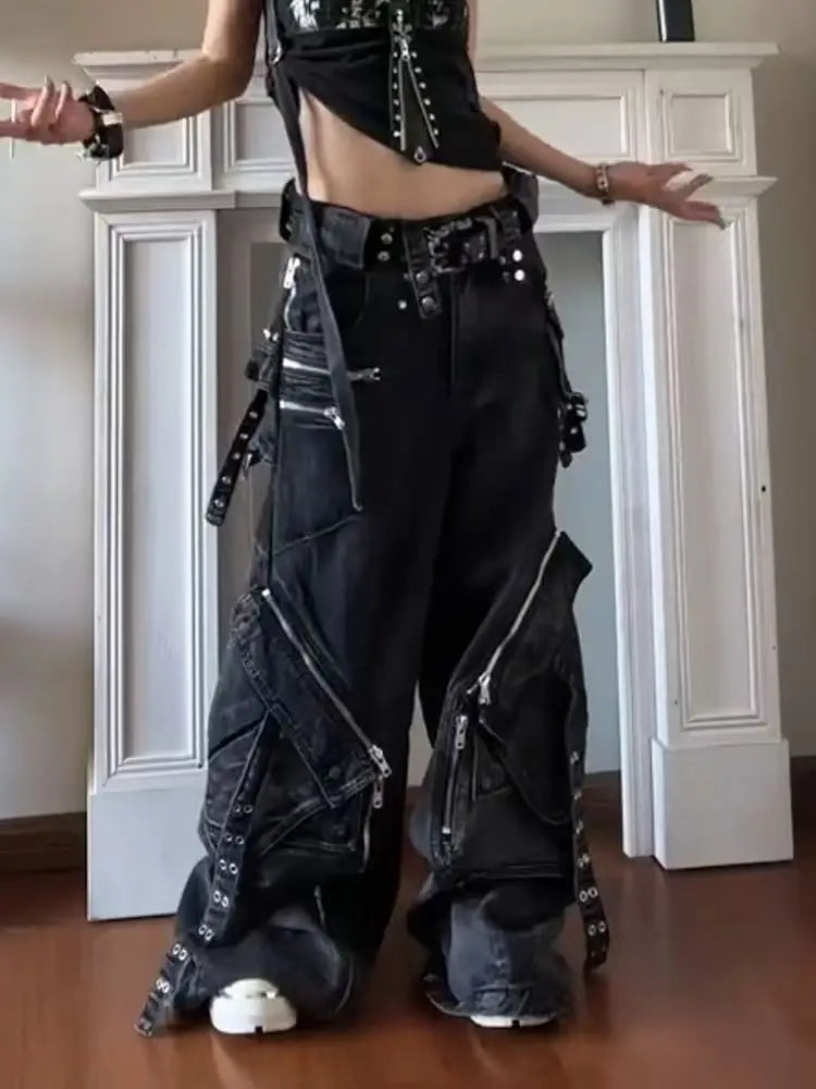 Vaqueros negros góticos Punk con múltiples bolsillos y cremallera para hombre y mujer, Vaqueros holgados de pierna ancha informales Vintage a la moda americana Y2K