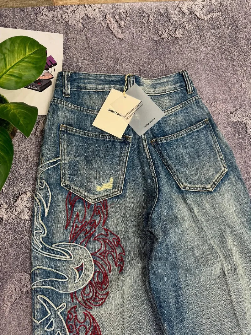 Ropa de calle, nueva moda, diseño grande, pantalones vaqueros holgados bordados para mujer Y2K Rock Hip Hop Retro Popular Casual, pantalones de pierna ancha de cintura alta
