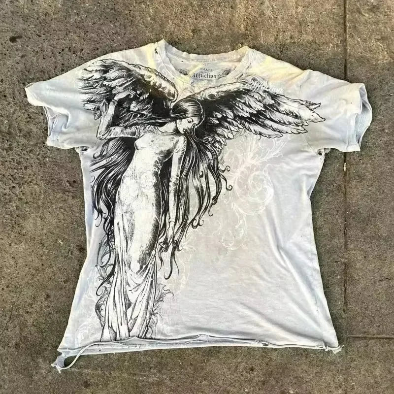 Camiseta clásica de estilo gótico Y2K, camiseta estampada de gran tamaño, camisas de calle, Tops góticos de algodón con cuello redondo, nueva camiseta para hombre y mujer