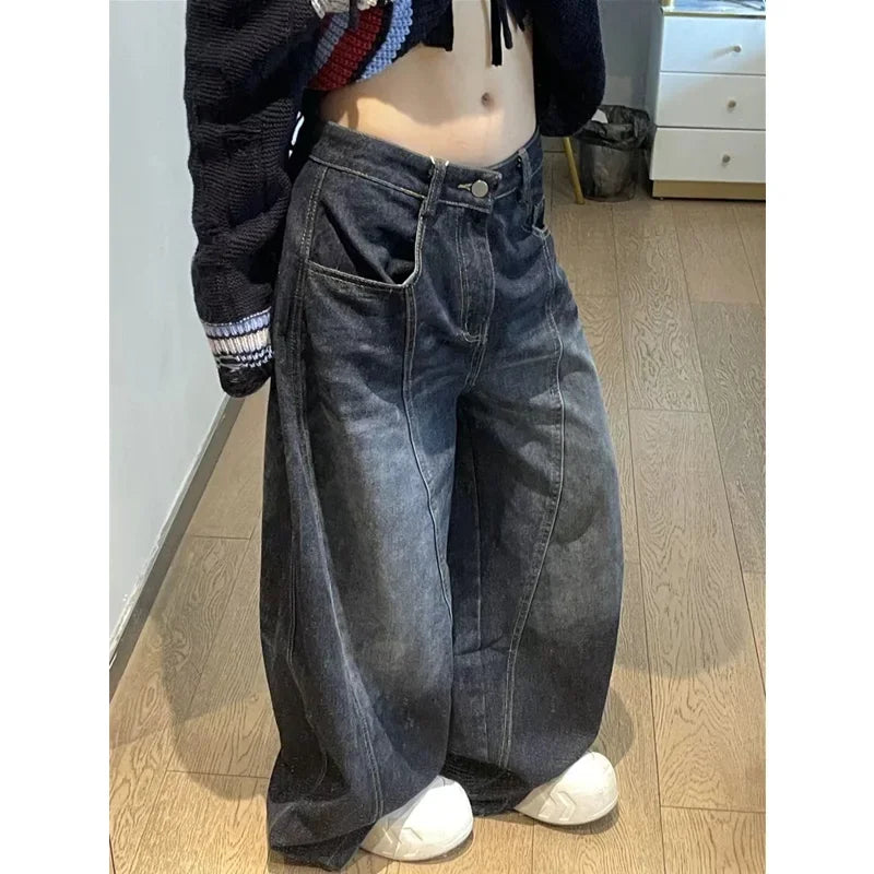Pantalones vaqueros negros para mujer, cintura alta, diseño Vintage, Hip Hop, rectos, holgados, estilo callejero Y2K, pantalones vaqueros de pierna ancha de estilo americano
