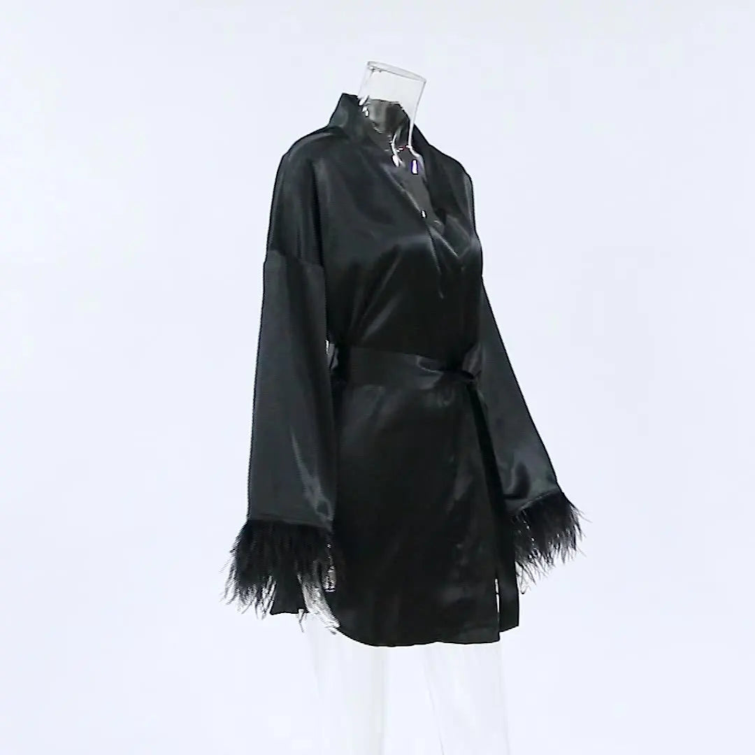 Albornoces de plumas de satén, minivestido Sexy de manga larga, batas holgadas para mujer, bata blanca, vestido de novia, vestidos de novia negros
