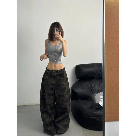 Pantalones vaqueros holgados de cintura alta para mujer, Pantalón recto de camuflaje Vintage Y2K, Pantalón vaquero de pierna ancha americano callejero, otoño 2024