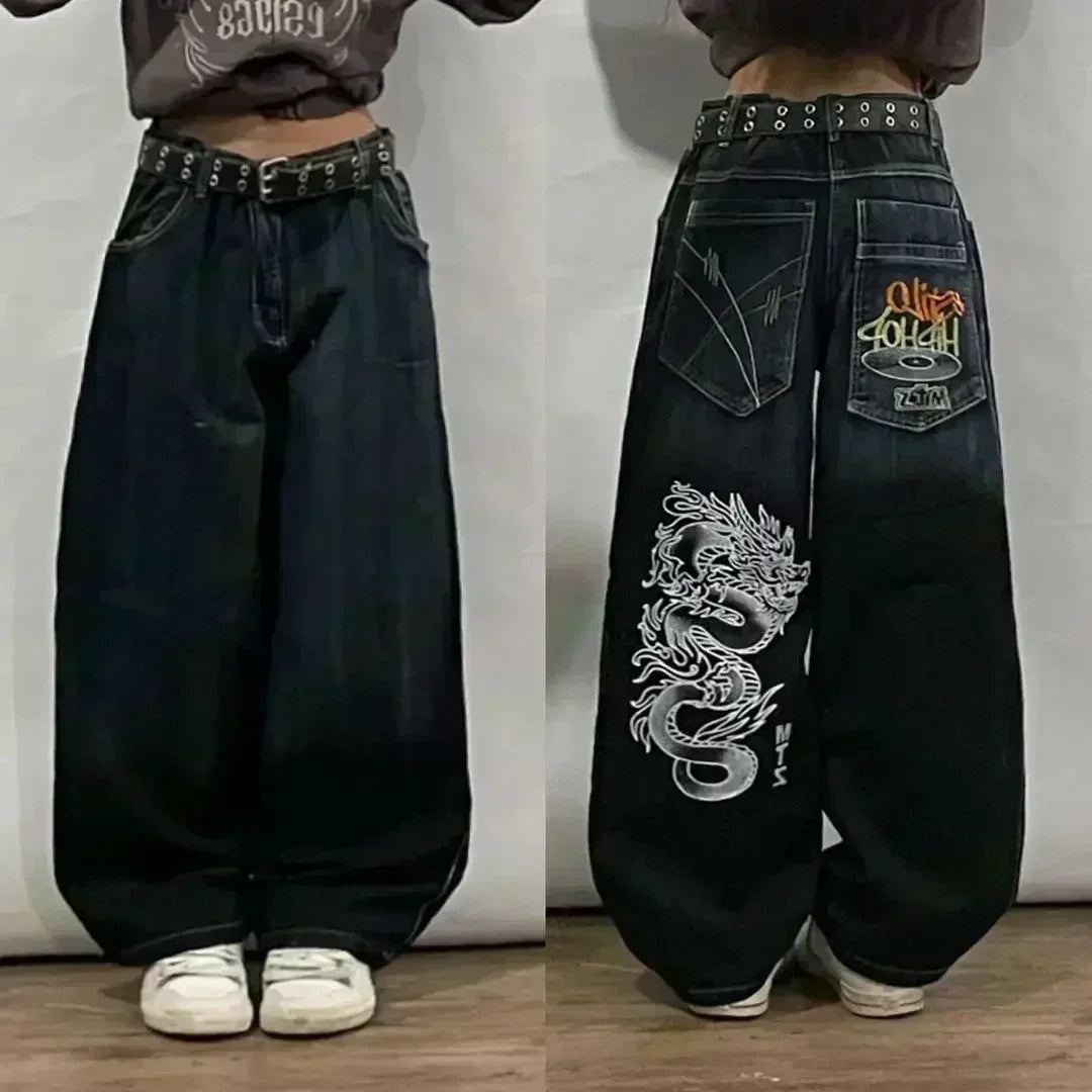 Pantalones vaqueros holgados bordados con letras de tendencia de calle americana para hombre Harajuku Y2K nuevos pantalones de pierna ancha de gran tamaño de Hip Hop pantalones vaqueros para fregar Unisex