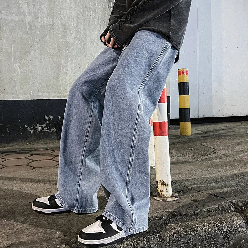 Ropa de calle de buena calidad, pantalones vaqueros sueltos para hombre, moda de estilo coreano, pantalones de pierna ancha rectos sueltos, ropa de marca para hombre, negro, azul claro