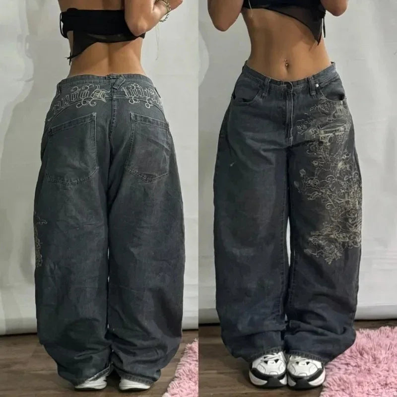 Vaqueros con estampado gótico Retro de Hip Hop americano para mujer Y2K, nueva venta de calle, pantalones de pierna ancha rectos sueltos, pantalones vaqueros Joker Unisex