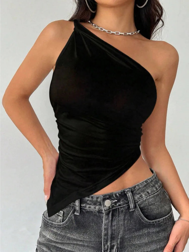 2025 nueva camiseta informal de moda para mujer Color sólido un solo hombro asimétrico ajustado Top cuello de una sola pieza