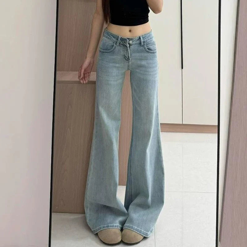 Ropa de calle femenina, pantalones vaqueros Retro de cintura baja, pantalones finos a la moda con parte inferior acampanada, pantalones vaqueros holgados coreanos para mujer