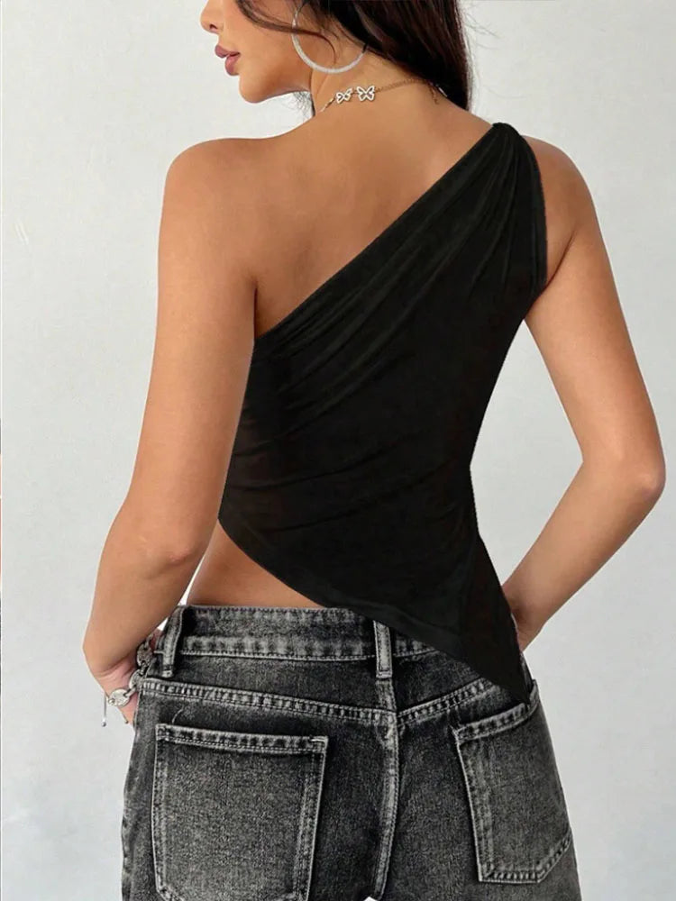 2025 nueva camiseta informal de moda para mujer Color sólido un solo hombro asimétrico ajustado Top cuello de una sola pieza
