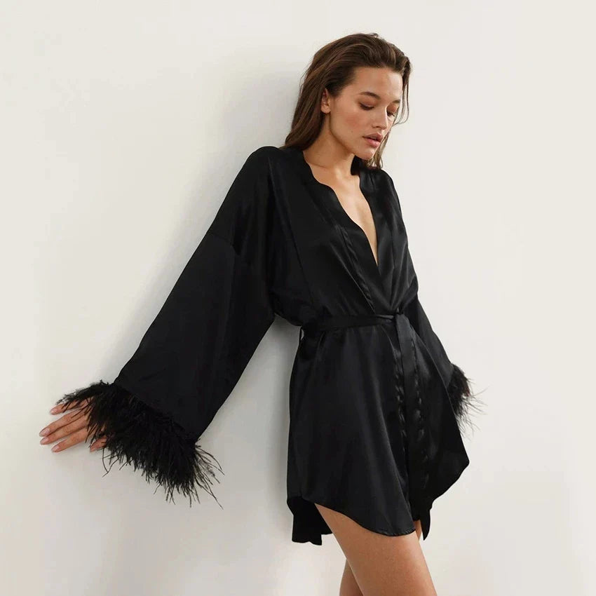 Albornoces de plumas de satén, minivestido Sexy de manga larga, batas holgadas para mujer, bata blanca, vestido de novia, vestidos de novia negros