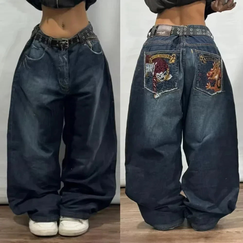 Pantalones vaqueros holgados bordados con letras de tendencia de calle americana para hombre Harajuku Y2K nuevos pantalones de pierna ancha de gran tamaño de Hip Hop pantalones vaqueros para fregar Unisex