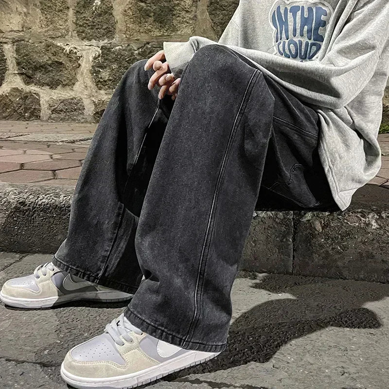 Ropa de calle de buena calidad, pantalones vaqueros sueltos para hombre, moda de estilo coreano, pantalones de pierna ancha rectos sueltos, ropa de marca para hombre, negro, azul claro