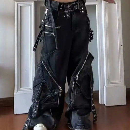 Vaqueros negros góticos Punk con múltiples bolsillos y cremallera para hombre y mujer, Vaqueros holgados de pierna ancha informales Vintage a la moda americana Y2K