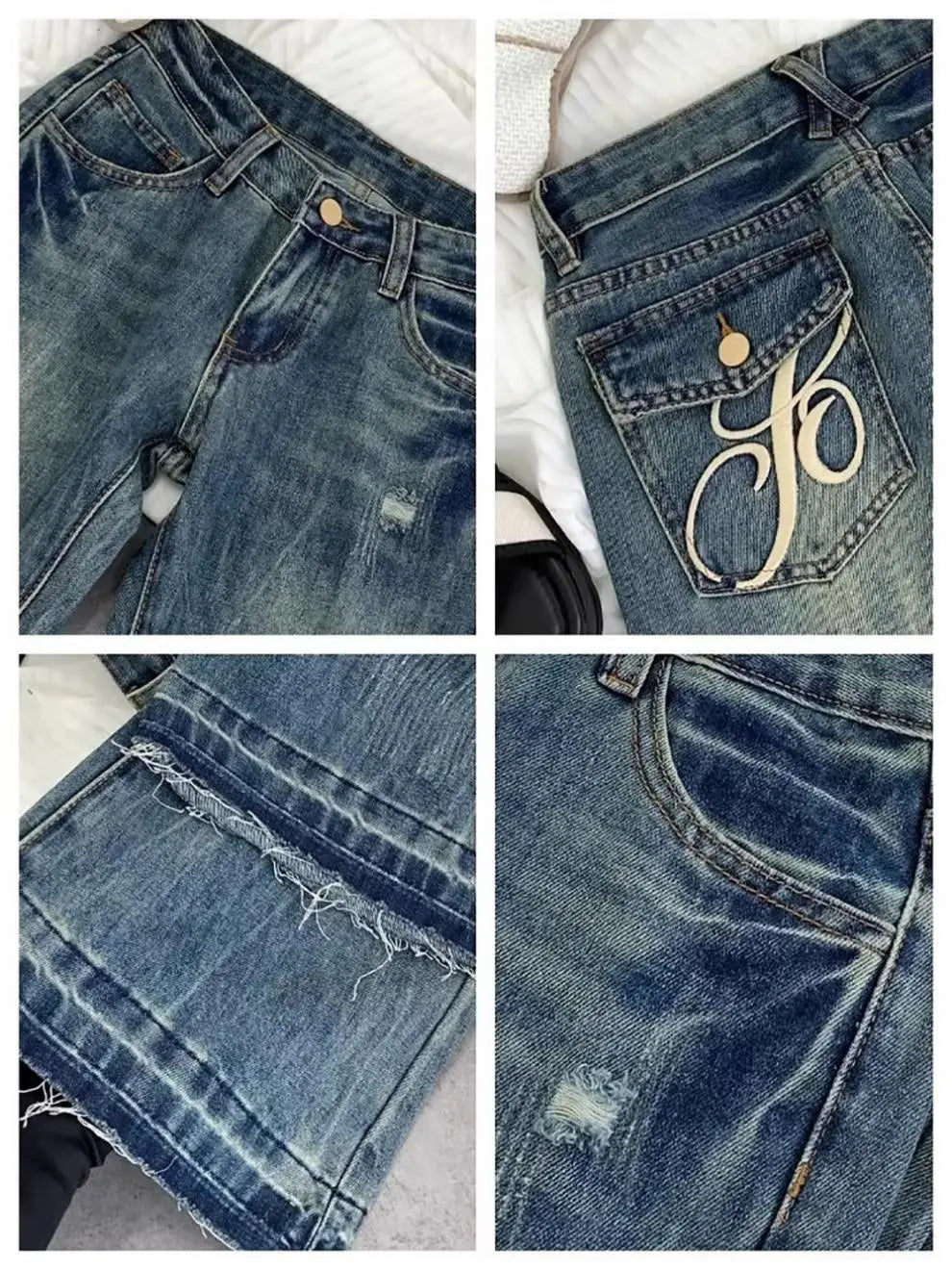 Vaqueros retro americanos de cintura baja para mujer, novedad de otoño, bordado, moda informal antigua, temperamento, pantalones ajustados con campana del Joker.