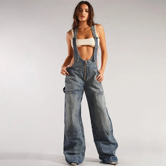 Monos vaqueros para mujer, monos sexys con espalda descubierta Vintage, Pantalones rectos de mezclilla de longitud completa, bolsillos sueltos, desgastados, lavados, informales