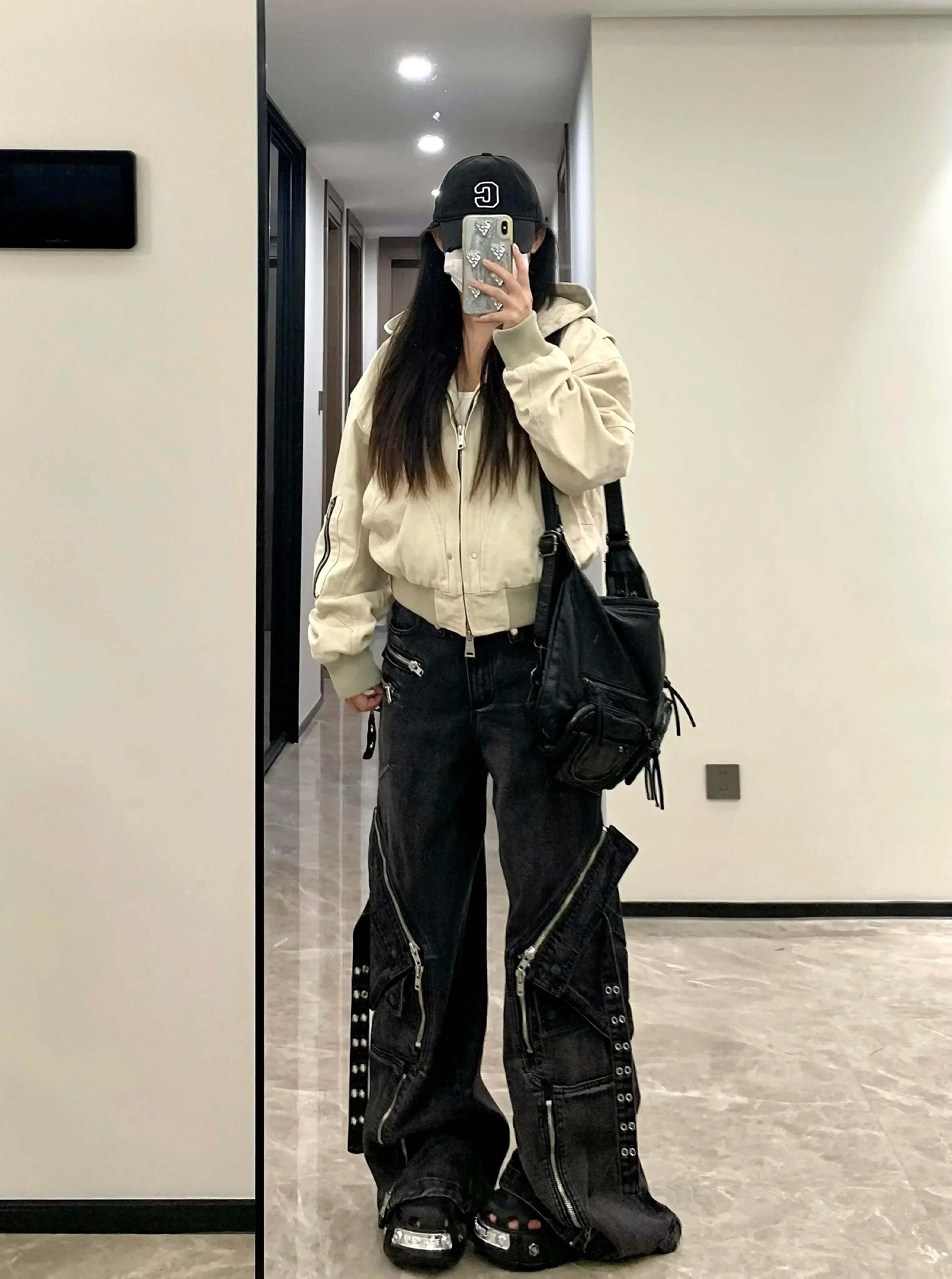 Vaqueros negros góticos Punk con múltiples bolsillos y cremallera para hombre y mujer, Vaqueros holgados de pierna ancha informales Vintage a la moda americana Y2K