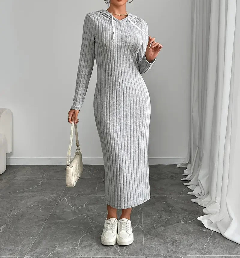 Vestido de punto acanalado de manga larga con capucha estilo casual para mujer - Vestido ajustado de longitud media y favorecedor de figuras de otoño 2025