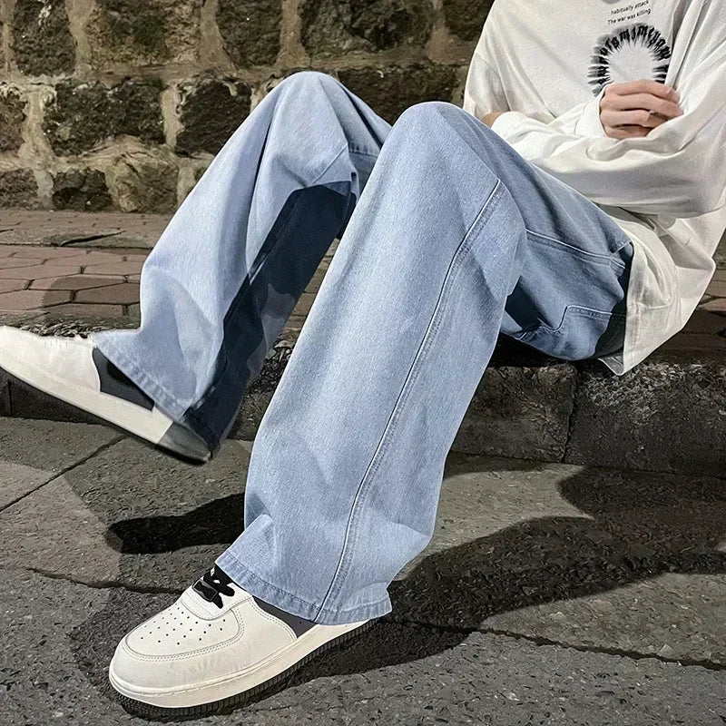 Ropa de calle de buena calidad, pantalones vaqueros sueltos para hombre, moda de estilo coreano, pantalones de pierna ancha rectos sueltos, ropa de marca para hombre, negro, azul claro