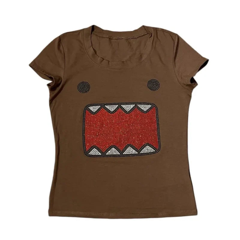 2025 verano nuevas mujeres Y2K chica Retro Hot Fix aplicación de diamantes de imitación cuello redondo Top camiseta divertida Vintage Tama Jun Top