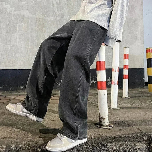 Ropa de calle de buena calidad, pantalones vaqueros sueltos para hombre, moda de estilo coreano, pantalones de pierna ancha rectos sueltos, ropa de marca para hombre, negro, azul claro