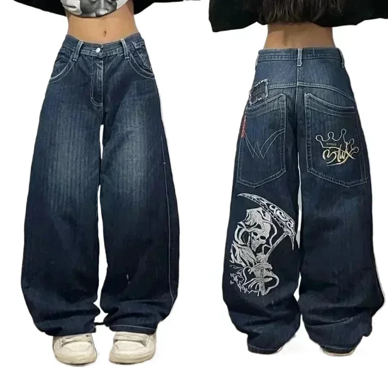 Pantalones vaqueros holgados bordados con letras de tendencia de calle americana para hombre Harajuku Y2K nuevos pantalones de pierna ancha de gran tamaño de Hip Hop pantalones vaqueros para fregar Unisex