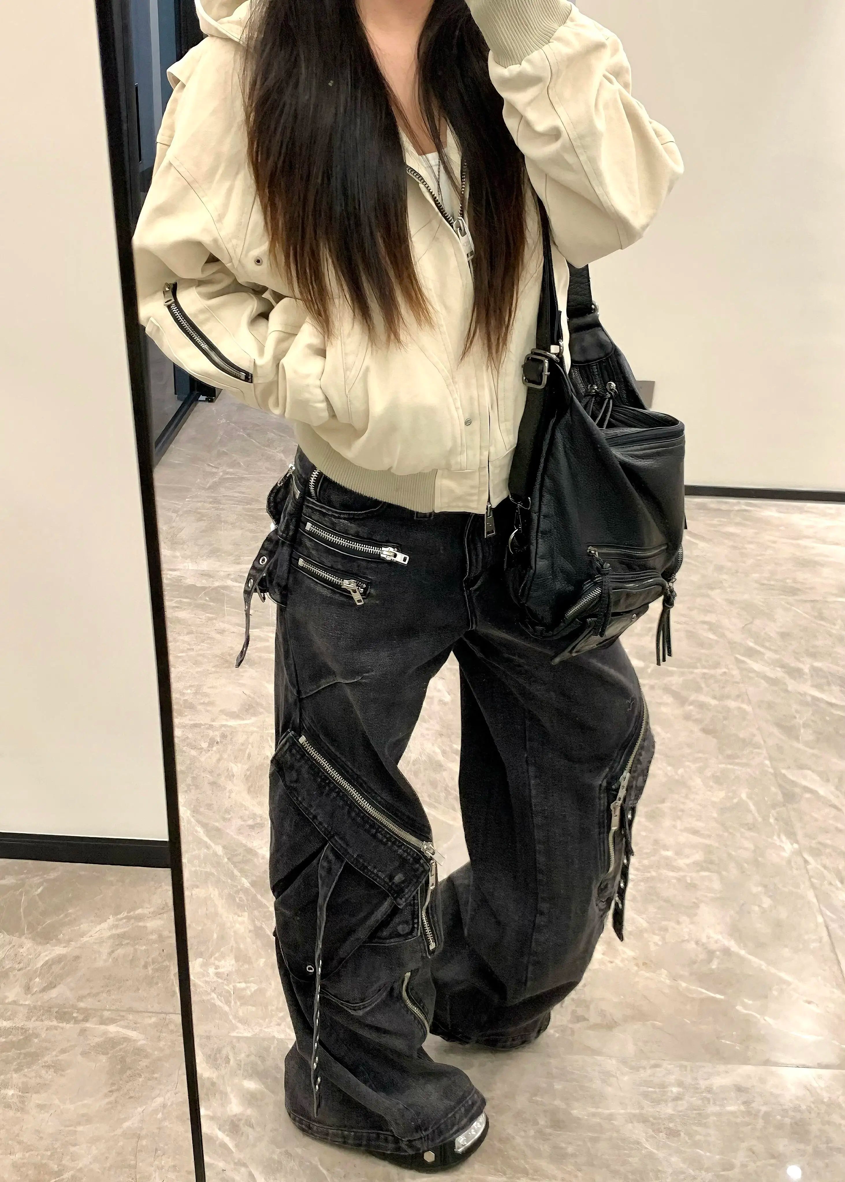 Vaqueros negros góticos Punk con múltiples bolsillos y cremallera para hombre y mujer, Vaqueros holgados de pierna ancha informales Vintage a la moda americana Y2K