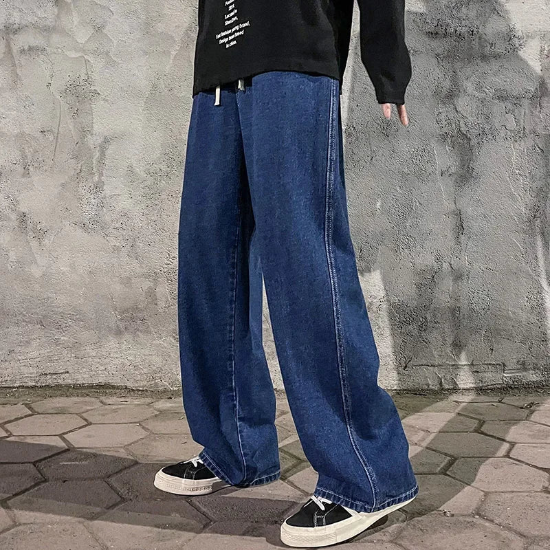 Ropa de calle de buena calidad, pantalones vaqueros sueltos para hombre, moda de estilo coreano, pantalones de pierna ancha rectos sueltos, ropa de marca para hombre, negro, azul claro