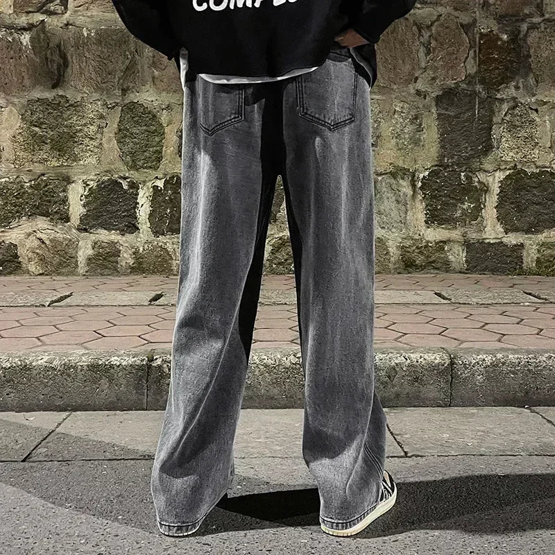 Ropa de calle de buena calidad, pantalones vaqueros sueltos para hombre, moda de estilo coreano, pantalones de pierna ancha rectos sueltos, ropa de marca para hombre, negro, azul claro