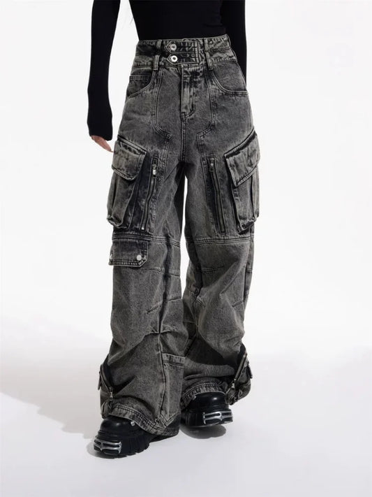 Trashy Y2K 2000S ropa de calle Vintage gris holgado plisado pantalones vaqueros Cargo para mujer ropa Multi bolsillos pantalones de pierna ancha para mujer