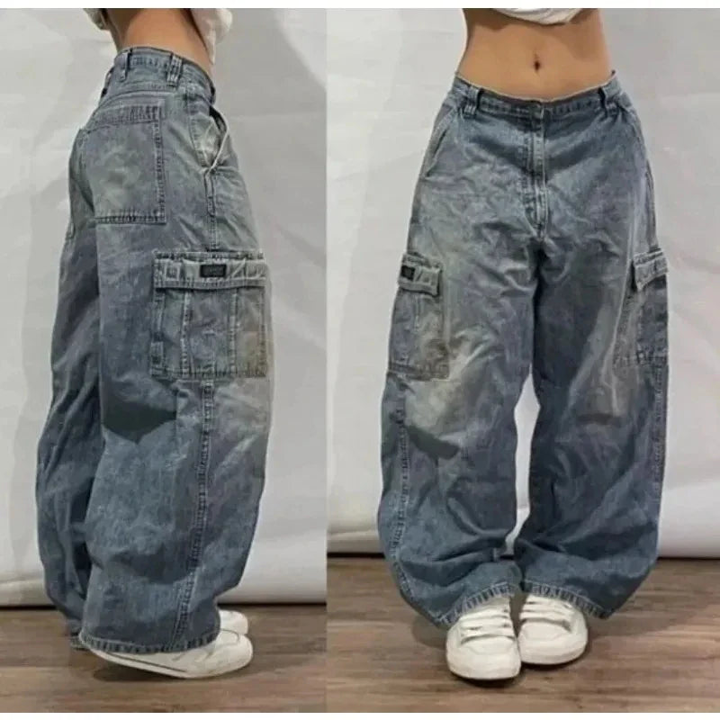 Ropa de calle nueva Harajuku Color sólido lavado pantalones vaqueros holgados hombres Y2K moda Retro Punk Casual Joker gótico pantalones de pierna ancha de cintura alta