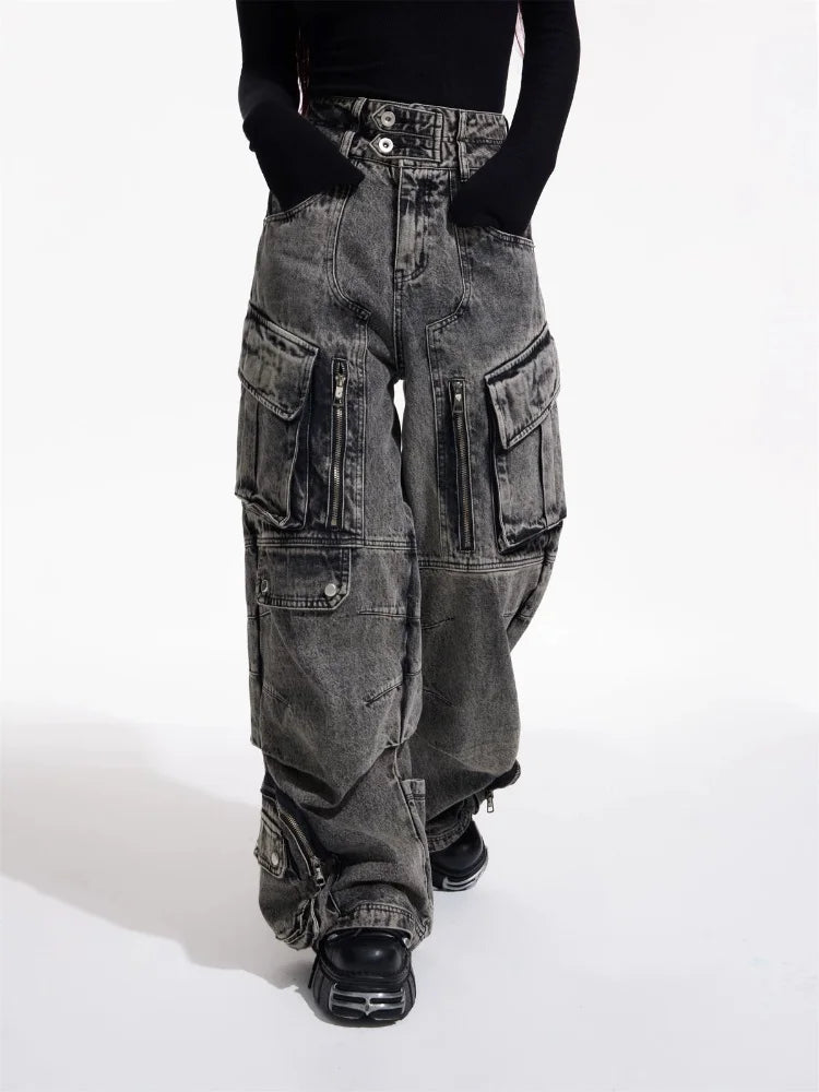 Trashy Y2K 2000S ropa de calle Vintage gris holgado plisado pantalones vaqueros Cargo para mujer ropa Multi bolsillos pantalones de pierna ancha para mujer
