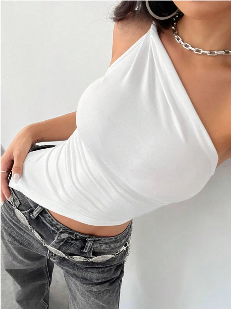 2025 nueva camiseta informal de moda para mujer Color sólido un solo hombro asimétrico ajustado Top cuello de una sola pieza